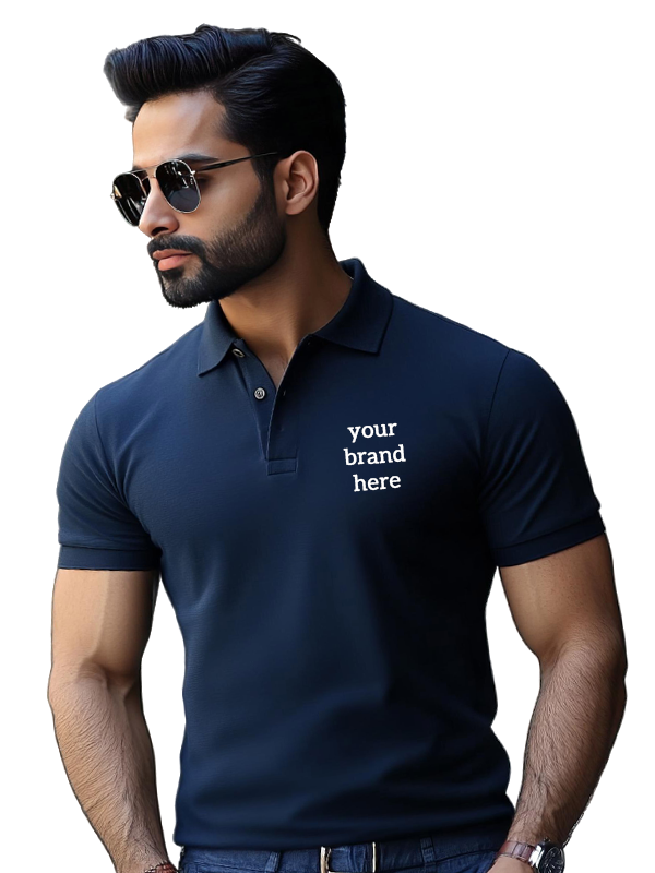 Navy blue custom corporate polo t-shirt for men with logo branding by Brand Tees Co Hyderabad