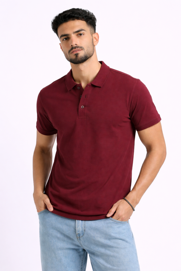 Maroon branded polo tee for hospitality uniforms and corporate teams