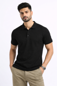 Black premium polo T-shirt with custom logo printing for business uniforms