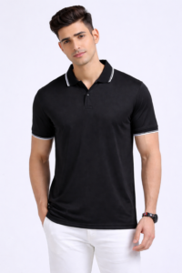 Black Fabricore polo T-shirt with contrast tipping for corporate uniforms