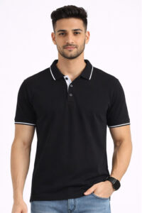 Black bio tipped polo T-shirt with contrast collar for premium corporate uniforms