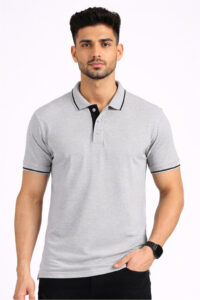 Grey bio tipped polo T-shirt with contrast collar for company uniforms
