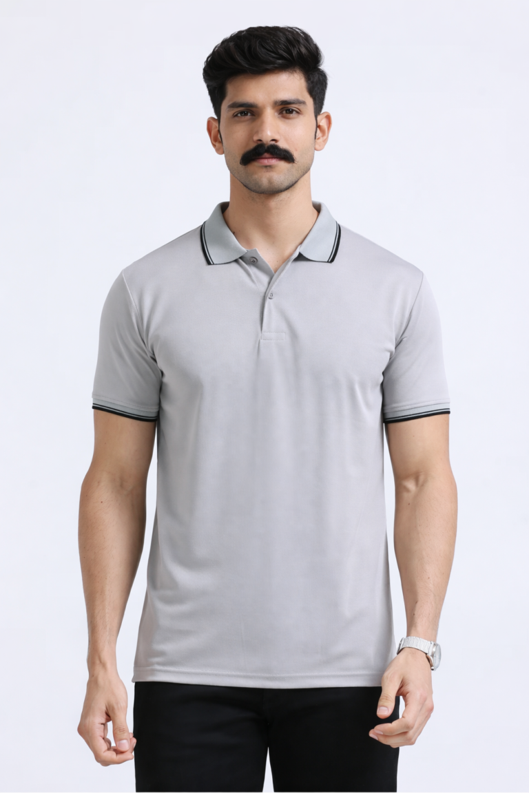 Grey polo T-shirt with sleeve tipping for employee branding