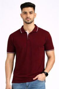Maroon bio tipped polo T-shirt for hospitality and corporate uniforms