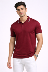 Maroon polo T-shirt with contrast tipping for office staff uniforms