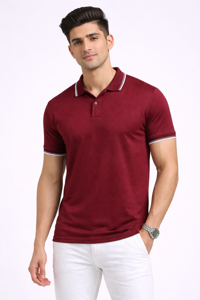 Maroon polo T-shirt with contrast tipping for office staff uniforms
