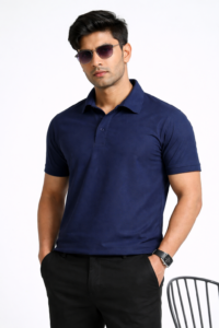 Navy blue corporate polo T-shirt with custom logo printing