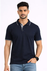 Navy blue bio tipped polo T-shirt with custom embroidery options