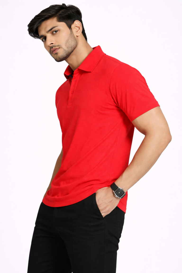 Red pique polo T-shirt for promotional campaigns and branded apparel