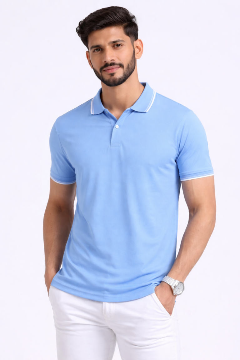 Sky blue polo T-shirt with collar tipping and custom logo options