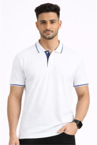 White bio tipped polo T-shirt for company branding and professional team wear