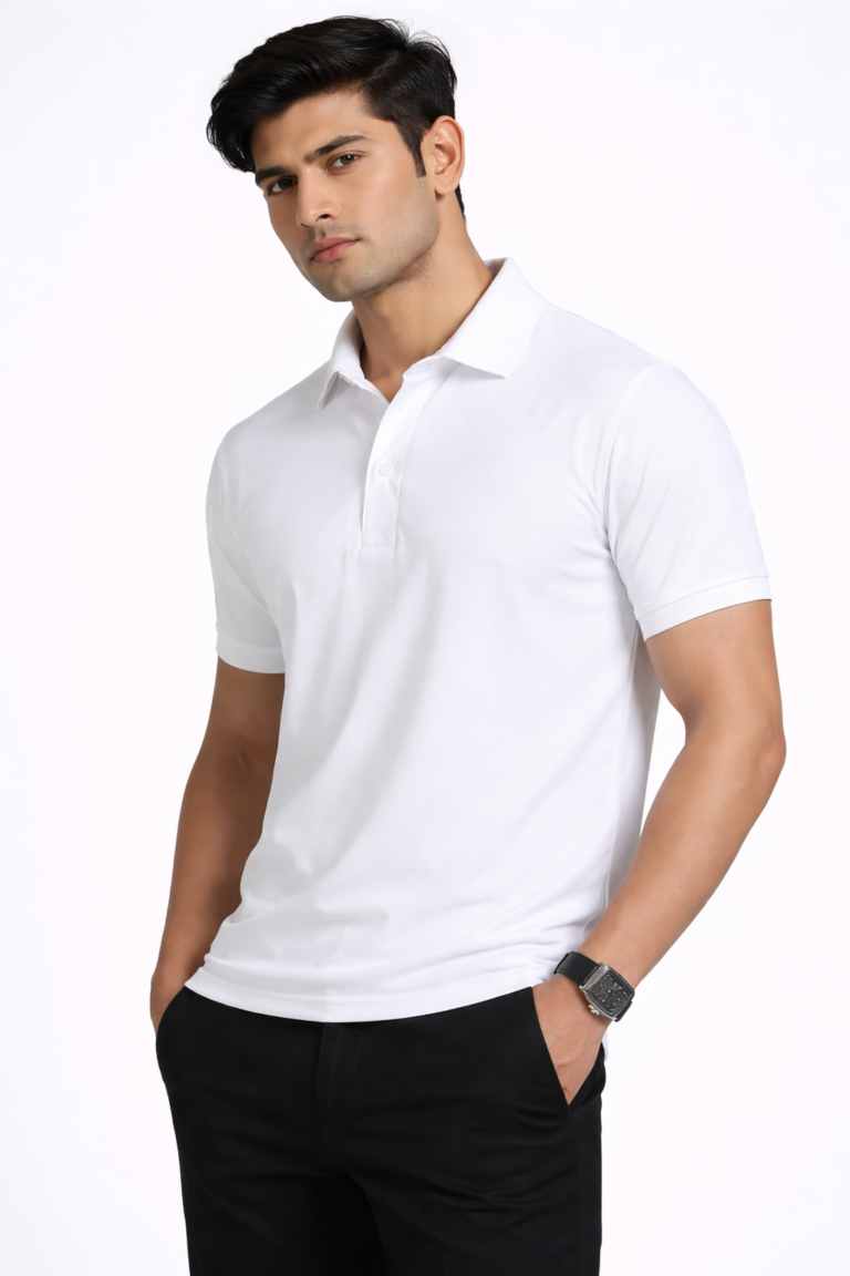 White pique polo T-shirt for custom company branding and employee uniforms