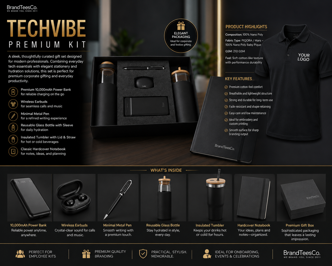 TechVibe Premium Employee Welcome Kit with branded polo t-shirt, power bank, wireless earbuds, notebook, tumbler and corporate gifting essentials in Hyderabad