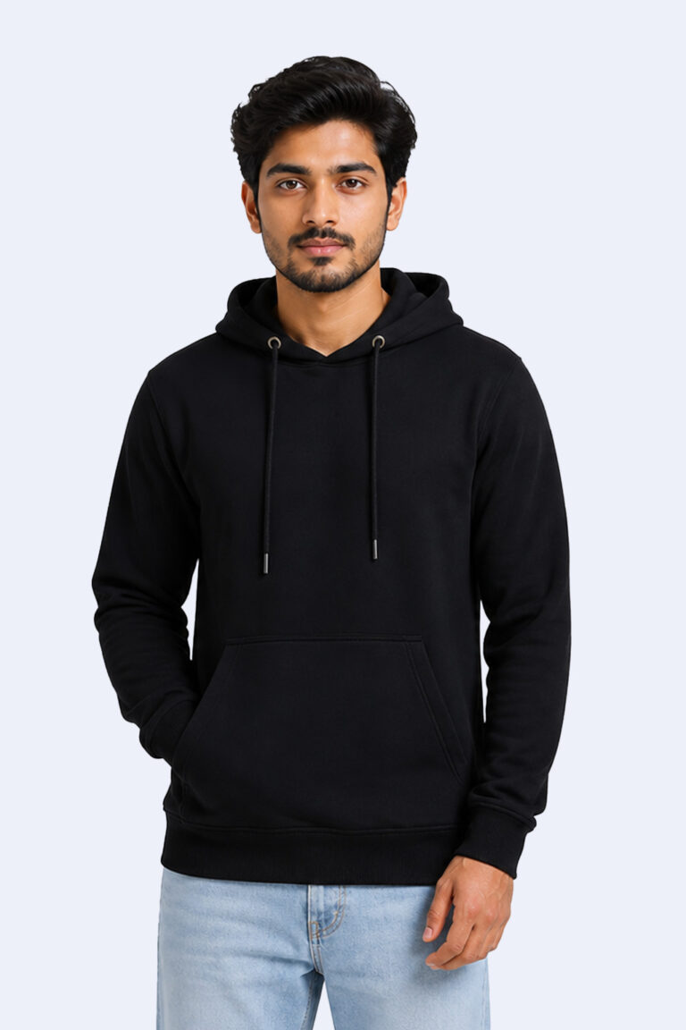 Black pullover hoodie made with cotton-rich 320 GSM fabric, ideal for custom branding and uniforms.