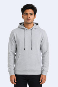 Grey pullover hoodie made from cotton-rich 320 GSM fabric with premium metal-tipped drawstrings.