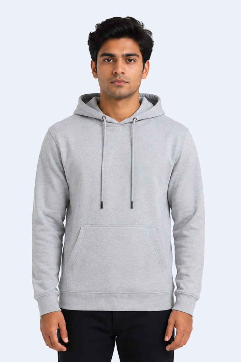 Grey pullover hoodie made from cotton-rich 320 GSM fabric with premium metal-tipped drawstrings.