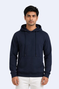 Navy blue pullover hoodie in heavyweight 320 GSM cotton-rich fabric with metal rivets and drawstrings.