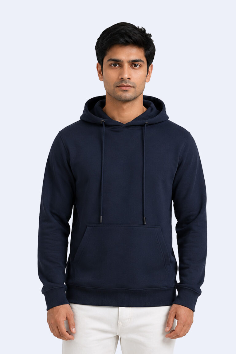Navy blue pullover hoodie in heavyweight 320 GSM cotton-rich fabric with metal rivets and drawstrings.